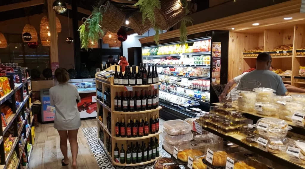 Interior do Rokka’s Market em Orlando com vinhos, padaria e produtos brasileiros