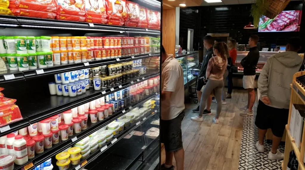 Corredor refrigerado do Rokka’s Market Orlando com iogurtes e laticínios brasileiros
