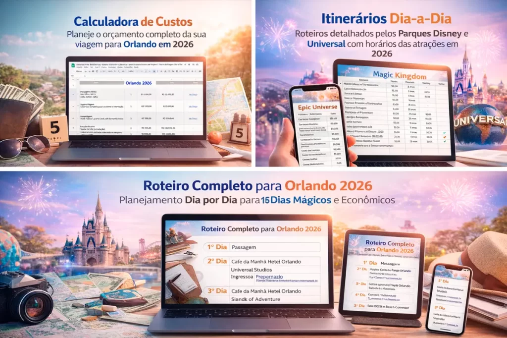 Planilha Planejamento Viagem Disney e Orlando 2026 [+Kit de Roteiros e Simulador de Custos]