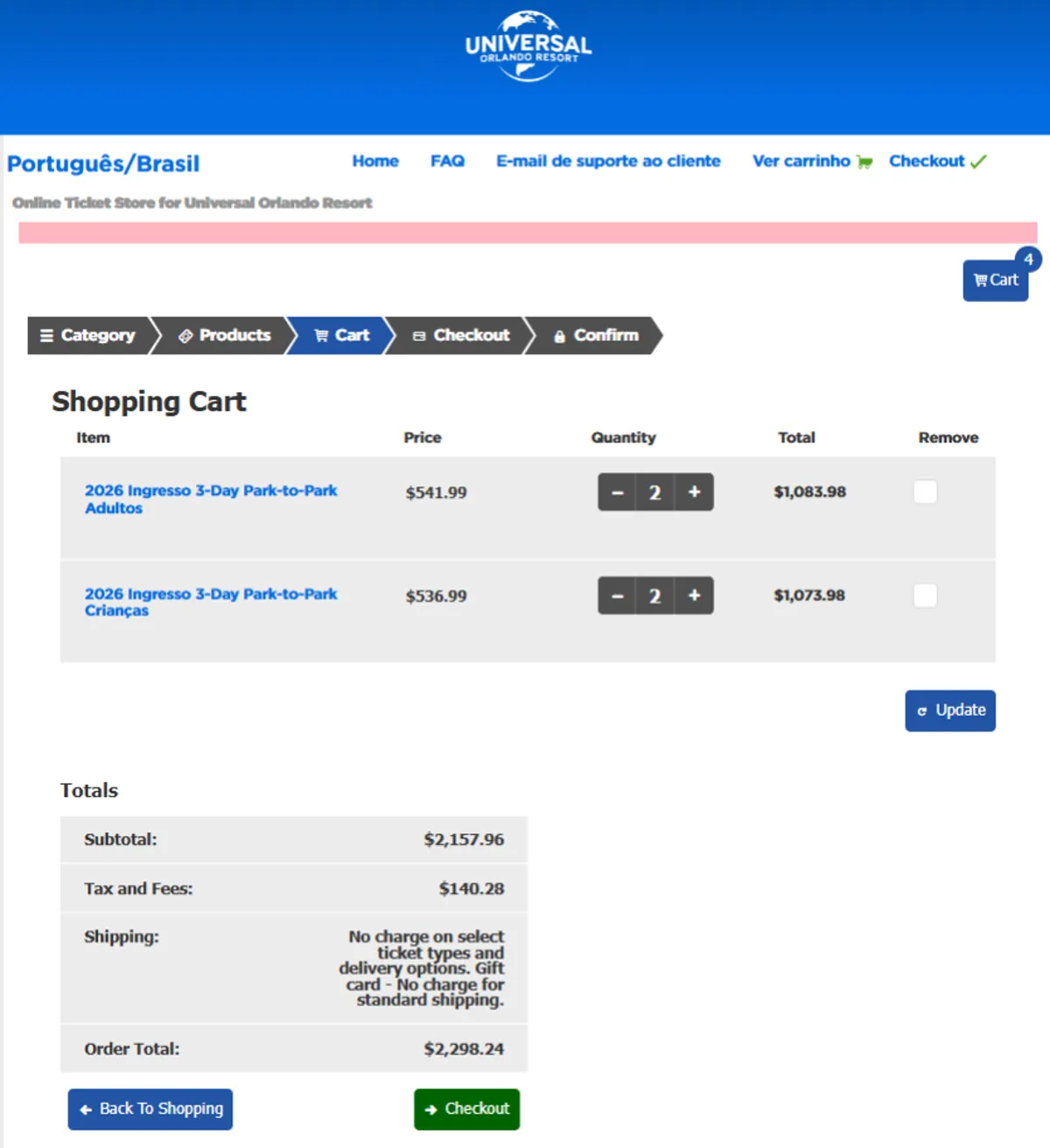 Carrinho de compras no site oficial da Universal Orlando com ingressos Park to Park em dólar, mostrando valores mais altos para brasileiros.