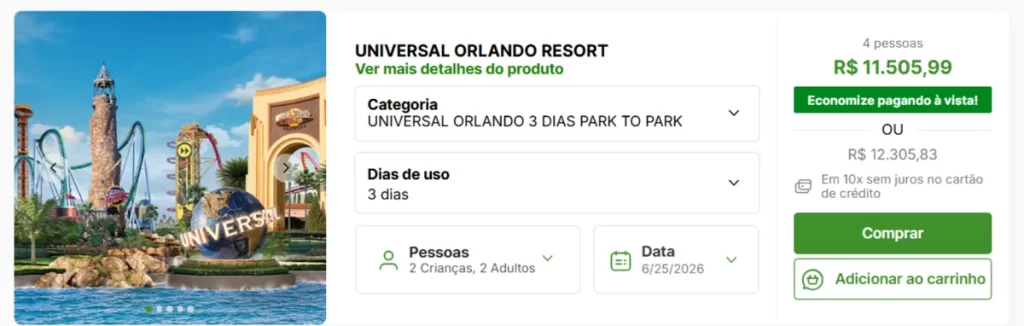 Ingressos da Universal Orlando vendidos em site brasileiro, com preços em reais, parcelamento sem juros e compra facilitada para brasileiros.