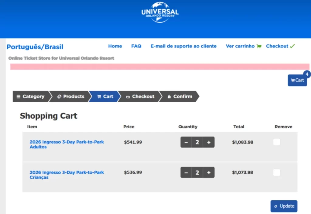 Carrinho de compras no site oficial da Universal Orlando exibindo ingressos Park to Park com preços em dólar, menos vantajoso para brasileiros.