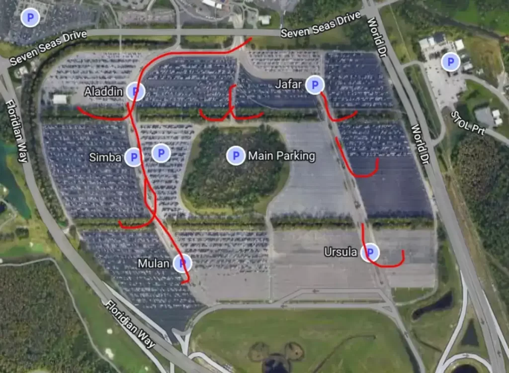 Vista aérea do estacionamento do Magic Kingdom mostrando os setores Aladdin, Simba, Jafar e Ursula. À esquerda, os heróis; à direita, os vilões.