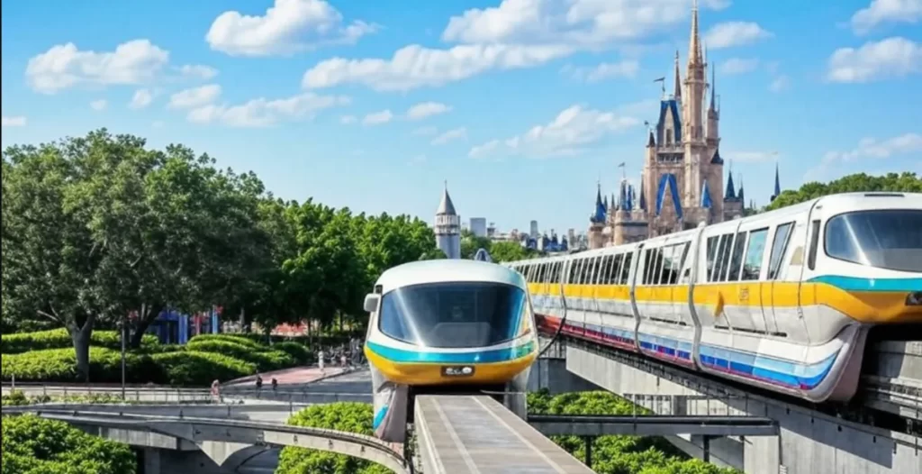 Monotrilho da Disney passando em frente ao Castelo da Cinderela no Magic Kingdom em um dia claro e ensolarado