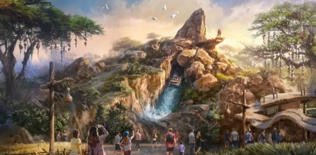 Concept art da nova área do Rei Leão na Disneyland Paris mostrando atração aquática com queda d’água inspirada na Pedra do Rei
