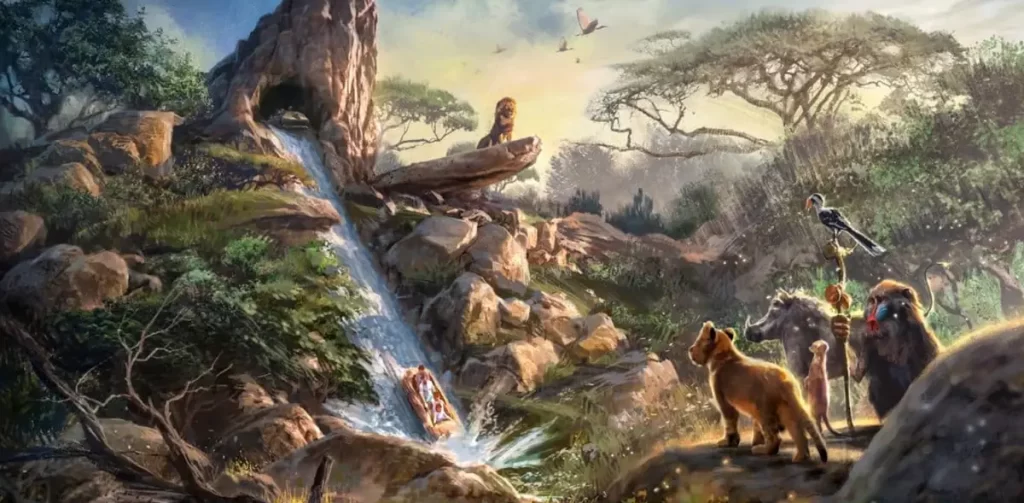 Concept art da área do Rei Leão na Disneyland Paris com Simba, Timão e Pumba observando atração aquática na savana