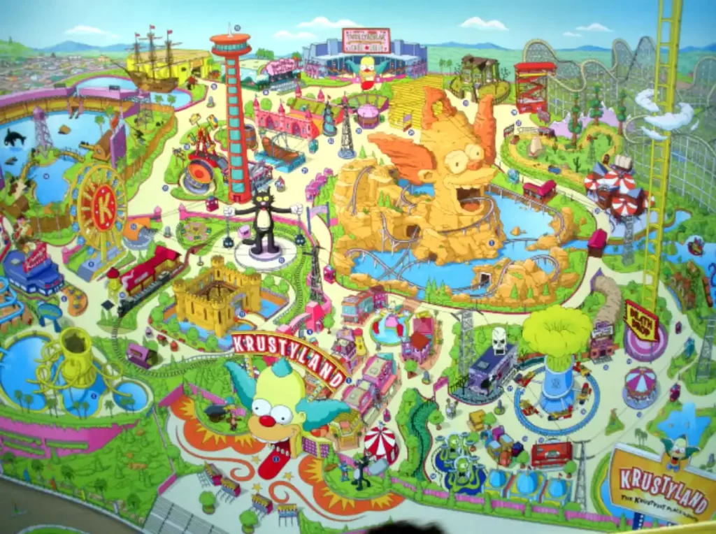 Mapa ilustrado de Krustyland dos Simpsons com atrações temáticas coloridas.