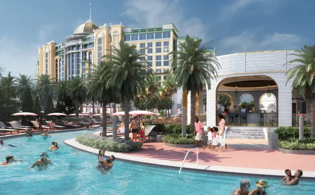 Piscina do Helios Grand Hotel no Epic Universe Orlando, resort de luxo dentro do parque.