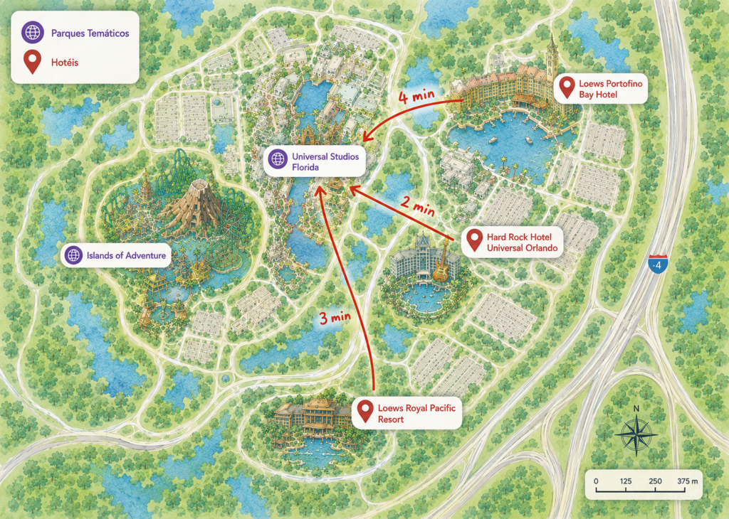 Distância dos Hotéis da Universal com direito a Express Pass Grátis dos Parques Universal