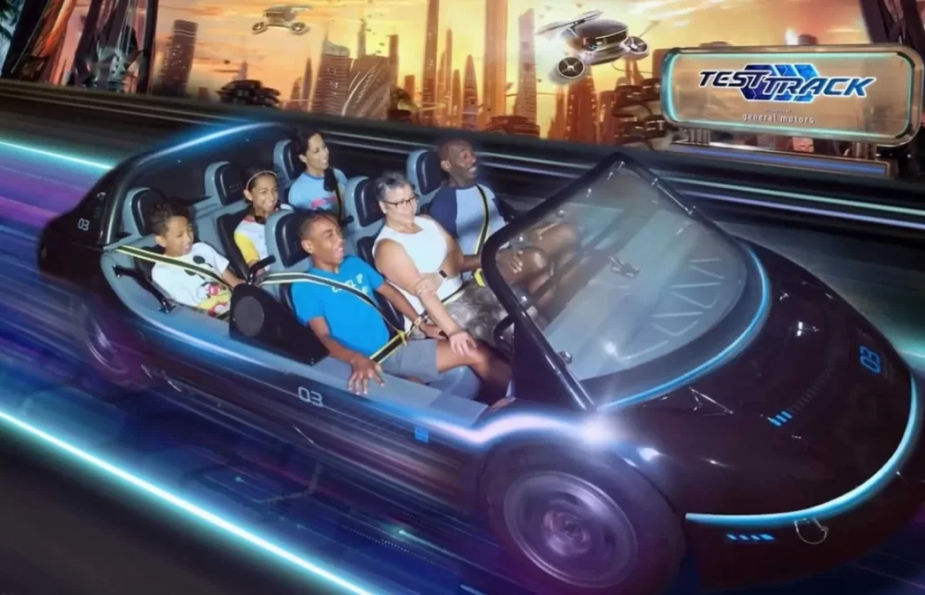 Test Track no EPCOT Disney com experiência de alta velocidade e carros futuristas