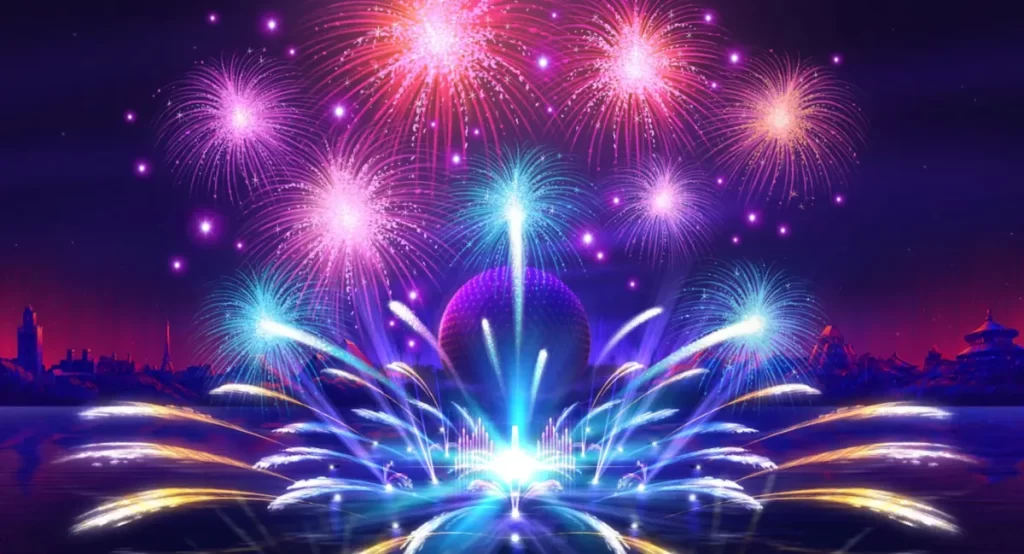 Espetáculo Harmonious no EPCOT combina fogos, música e projeções noturnas.