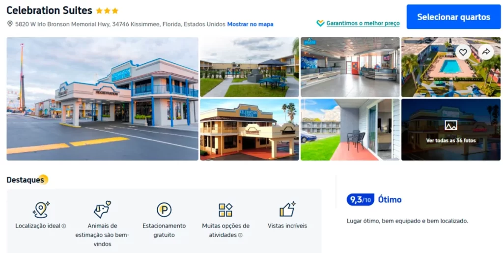 Fachada do Celebration Suites Orlando, localizado próximo aos parques da Disney