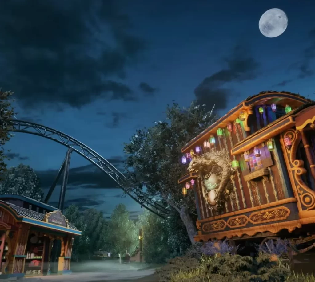 Dark Universe no Epic Universe, área temática sombria com atrações noturnas.