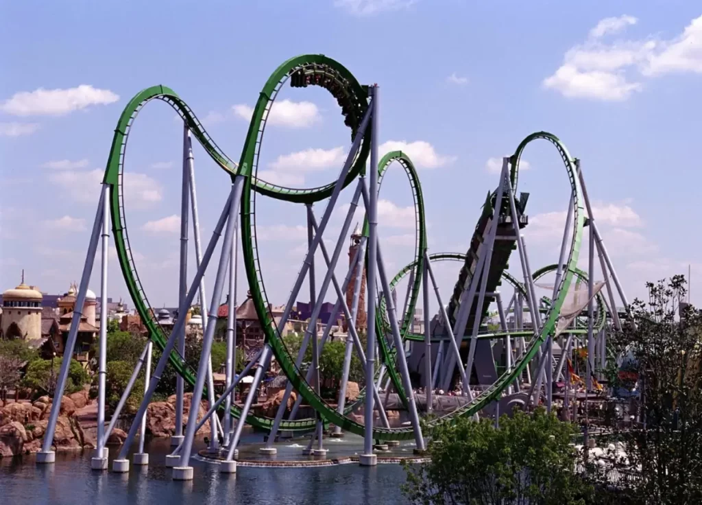 Vista panorâmica da montanha russa Hulk com vários loopings verdes sobre lago no Islands of Adventure Universal Orlando uma das montanhas russas mais radicais de Orlando
