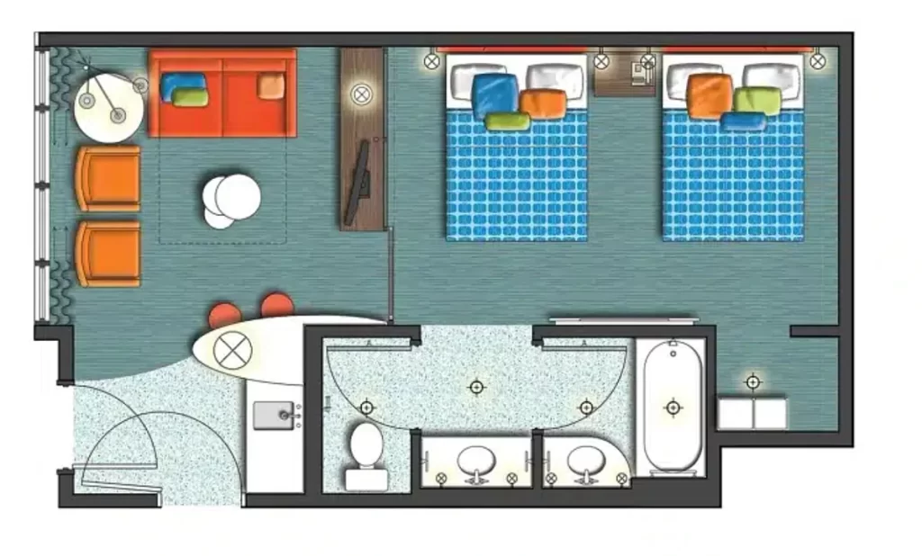 Planta da suíte familiar do Universal Cabana Bay Beach Resort ideal para famílias hospedadas na Universal Orlando.