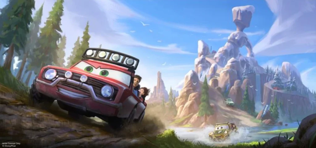 Arte conceitual da Disney de carros off-road em trilha montanhosa, inspirada no universo de animação Cars.