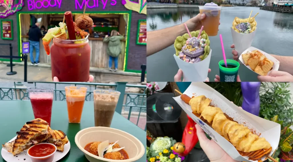 Comidas típicas do Mardi Gras na Universal Orlando incluindo drink temático e doces coloridos