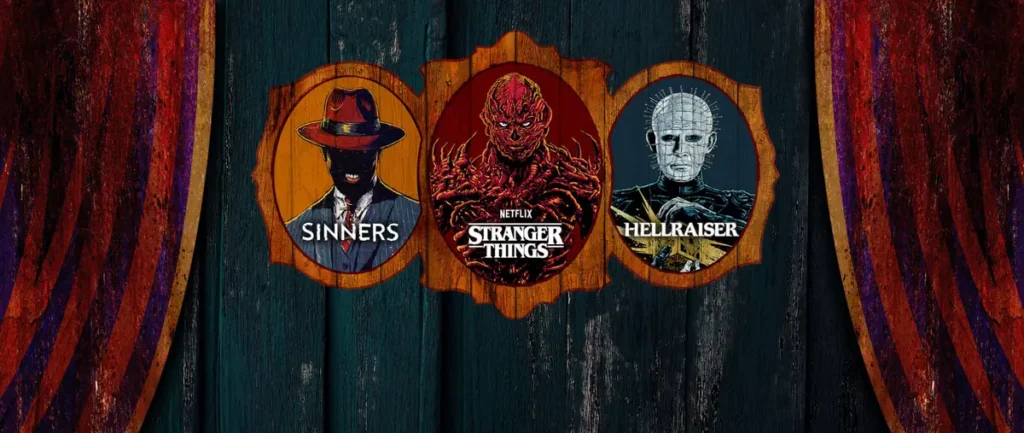 Sinners, Stranger Things 5 e Hellraiser reunidos em uma seleção de filmes e séries de terror, com vampiros, Vecna e Pinhead em destaque.