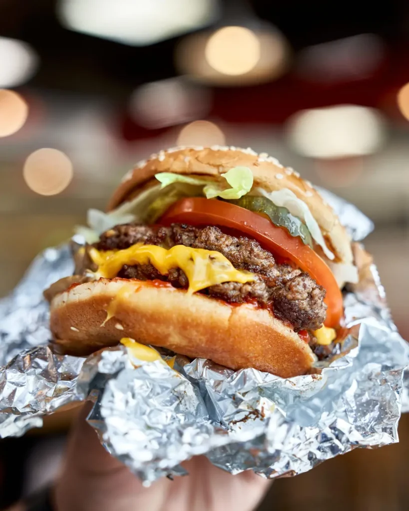 Hambúrguer clássico do Five Guys Orlando preparado na hora com ingredientes frescos
