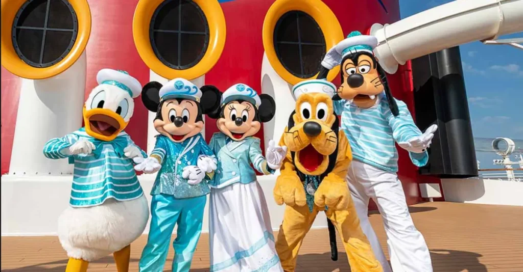 Personagens Disney como Mickey, Minnie, Donald, Pluto e Pateta no Disney Magic