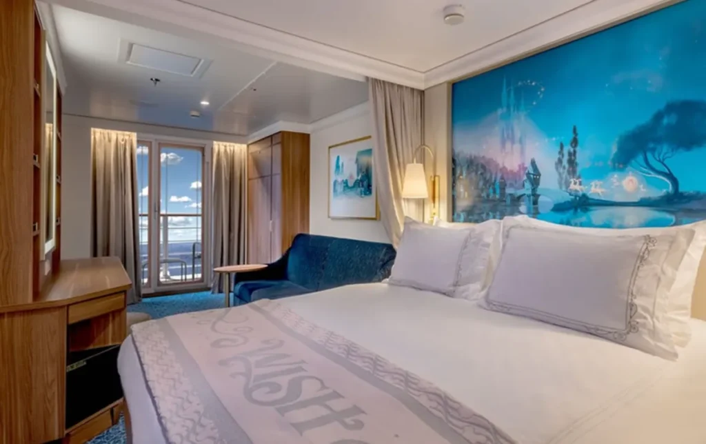Cabine com varanda privativa em cruzeiro Disney com vista para o mar.