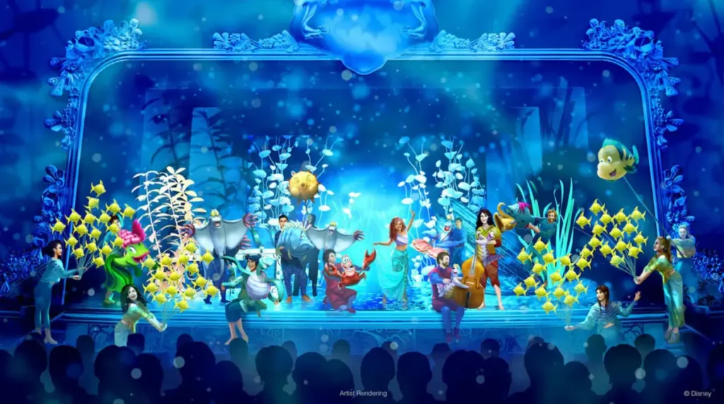 Espetáculo teatral da Pequena Sereia com Ariel e personagens marinhos no palco.