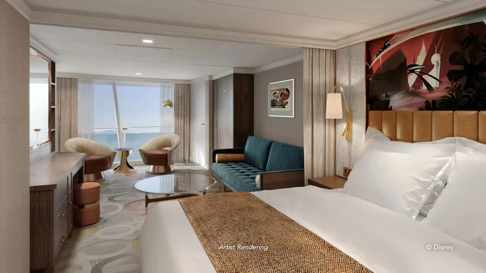 Quarto com varanda no Disney Destiny com cama de casal, TV e varanda privativa com vista para o oceano