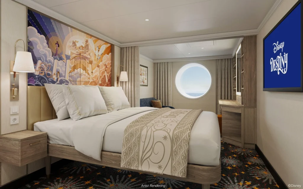 A cabine com varanda do Disney Destiny oferece conforto premium, varanda privativa e vista panorâmica do mar em um dos cruzeiros mais aguardados da Disney.