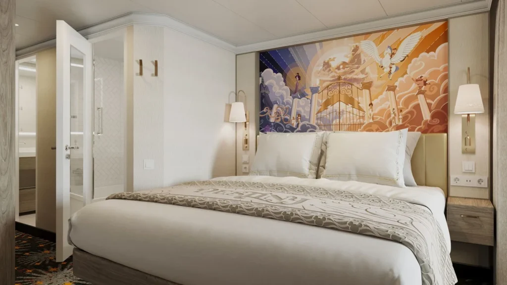 Conheça a cabine externa do Disney Destiny, novo navio da Disney Cruise Line, com cama queen, design sofisticado e vista para o oceano ideal para famílias e casais.