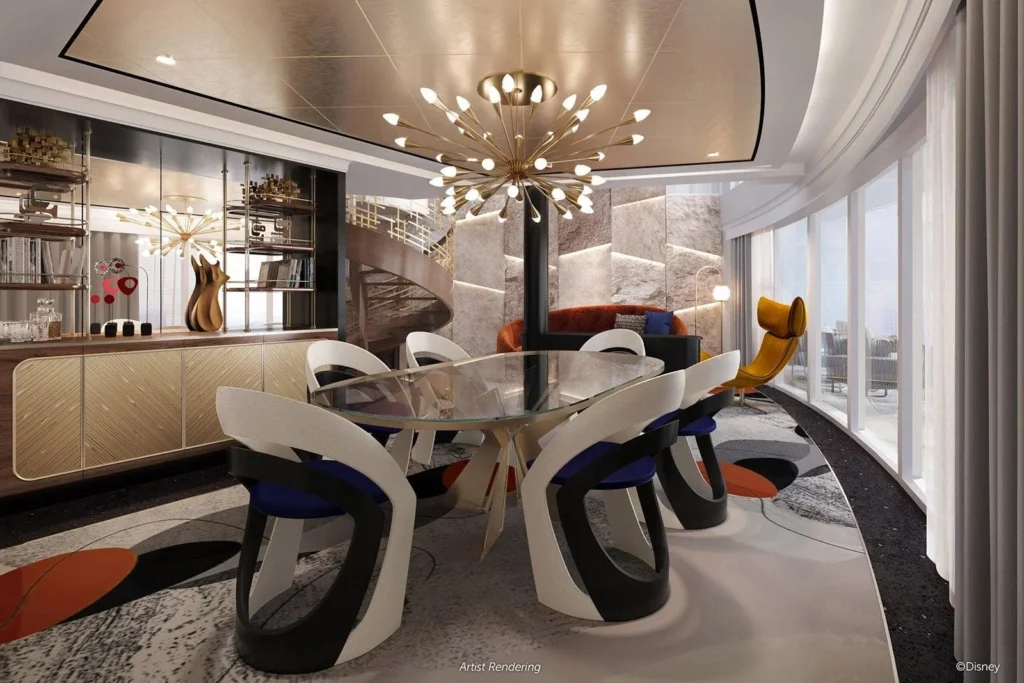 Sala de jantar da suíte Os Incríveis no Disney Destiny com mesa sofisticada e decoração contemporânea Disney