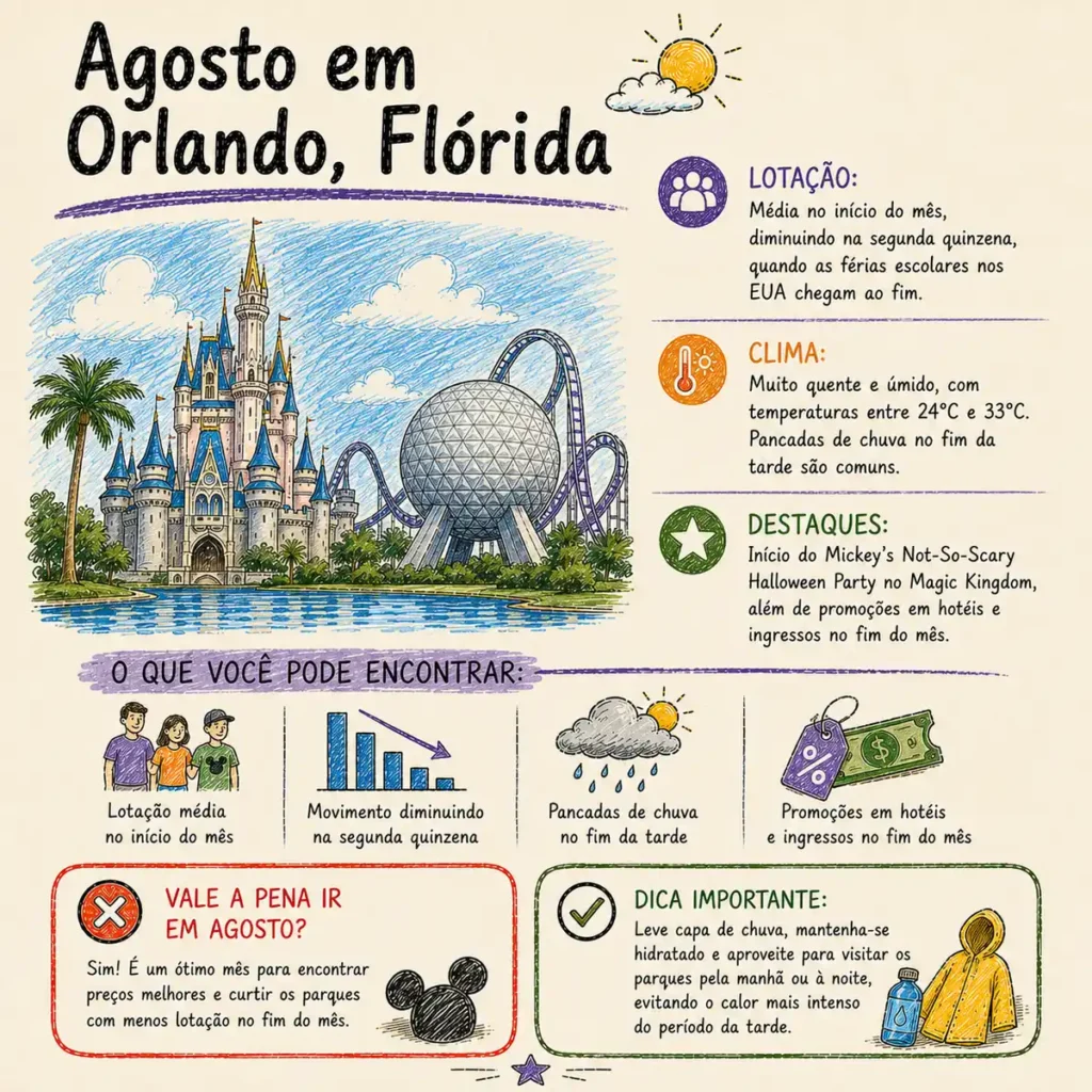 Agosto em Orlando: descubra quando a lotação diminui e como aproveitar promoções em hotéis e ingressos.
