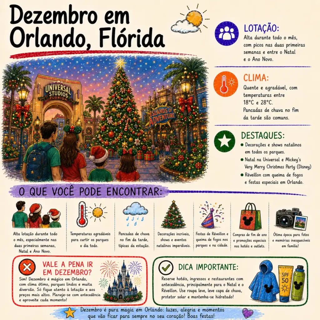 Dezembro em Orlando: descubra como aproveitar a magia do Natal, o Réveillon e os eventos especiais nos parques temáticos.