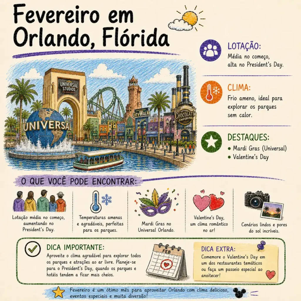 Fevereiro em Orlando: clima agradável, Mardi Gras, Valentine's Day e informações essenciais para planejar sua viagem.