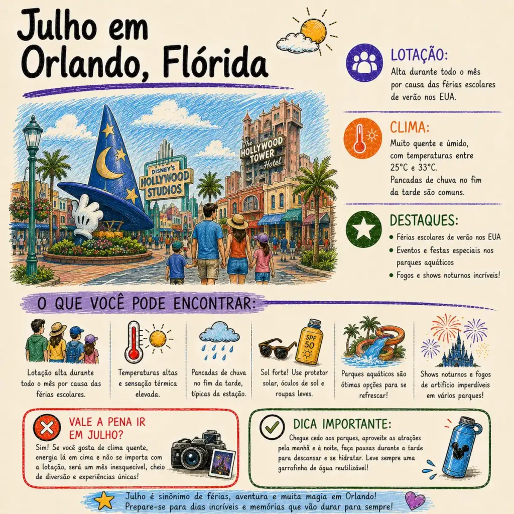 Julho em Orlando: tudo sobre o verão, filas, calor, atrações aquáticas e espetáculos noturnos.