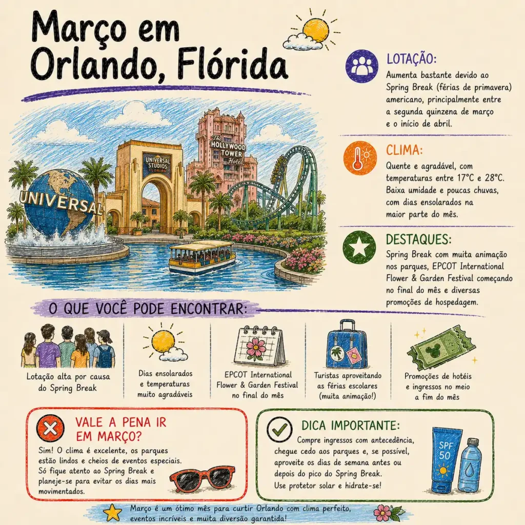 Março em Orlando: veja como o Spring Break influencia a lotação, o clima e os principais eventos do mês.
