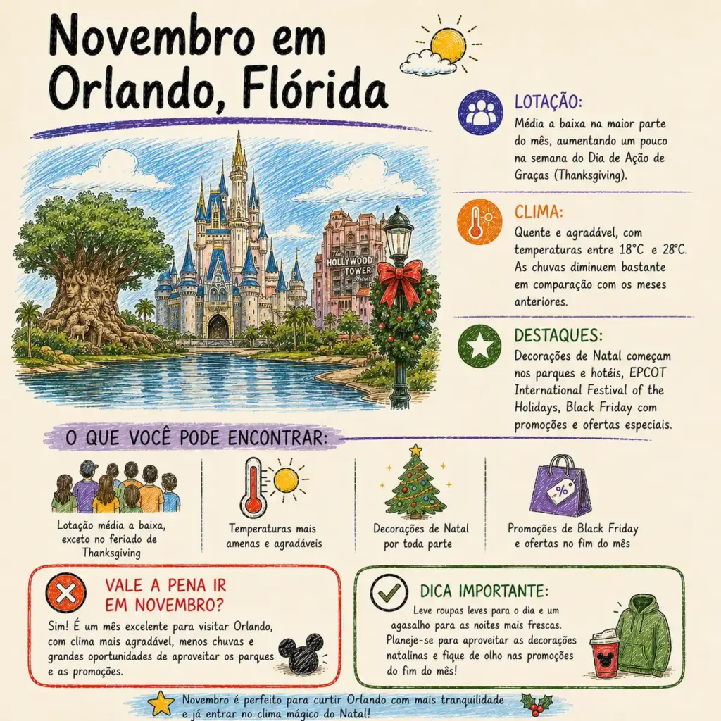Novembro em Orlando: clima excelente, início do Natal nos parques e ótimas oportunidades para compras.