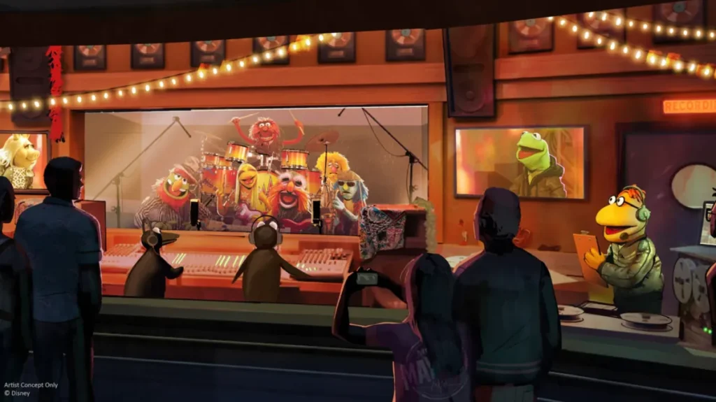 Arte conceitual dos Muppets em estúdio de gravação para a nova Rock 'n' Roller Coaster da Disney, mostrando a banda durante uma sessão musical.