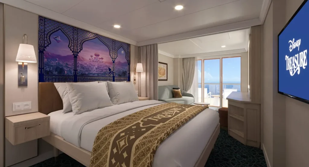 Cabine Verandah do Disney Treasure com decoração inspirada em Aladdin e vista para o mar