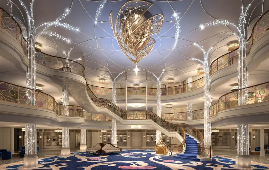 Grand Hall do Disney Wish inspirado nos contos de fadas Disney