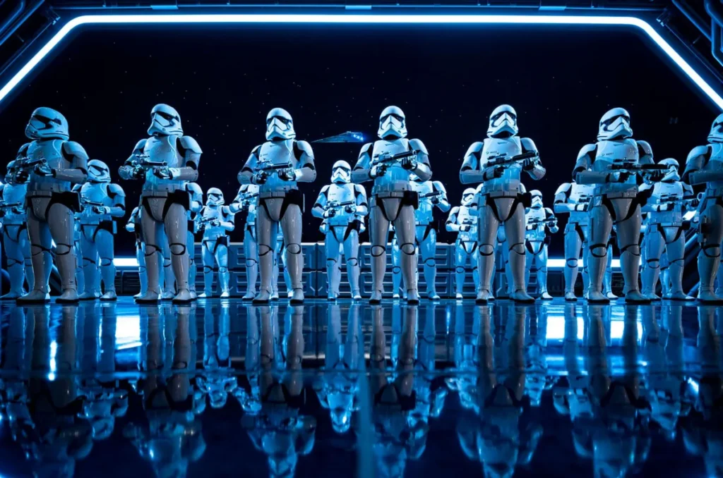 Stormtroopers da Primeira Ordem patrulhando Star Wars Galaxy's Edge em Orlando