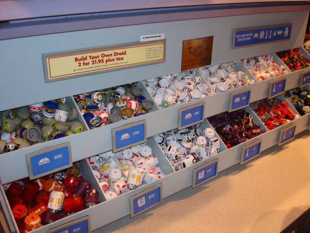 Peças para montar droids no Droid Depot da Galaxy's Edge