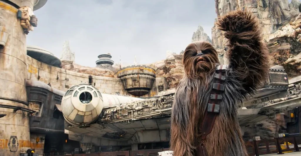 Chewbacca em frente à Millennium Falcon na área Star Wars da Disney