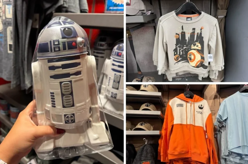 Garrafa R2-D2 Star Wars, roupas infantis BB-8 e moletom Rebel Alliance expostos em loja temática