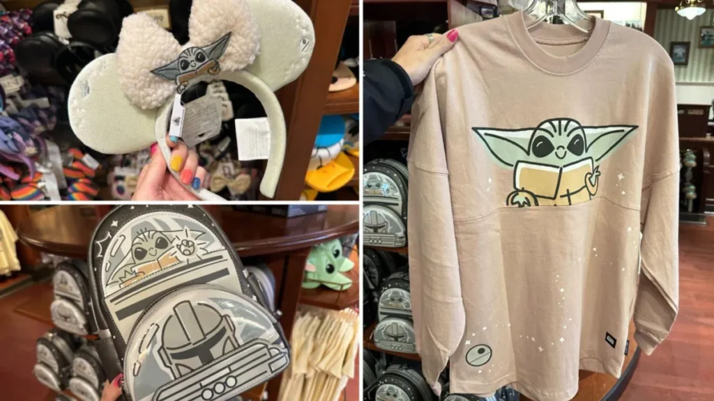 Produtos Grogu Baby Yoda Star Wars incluindo orelhas temáticas, mochila infantil e moletom exclusivos licenciados Disney