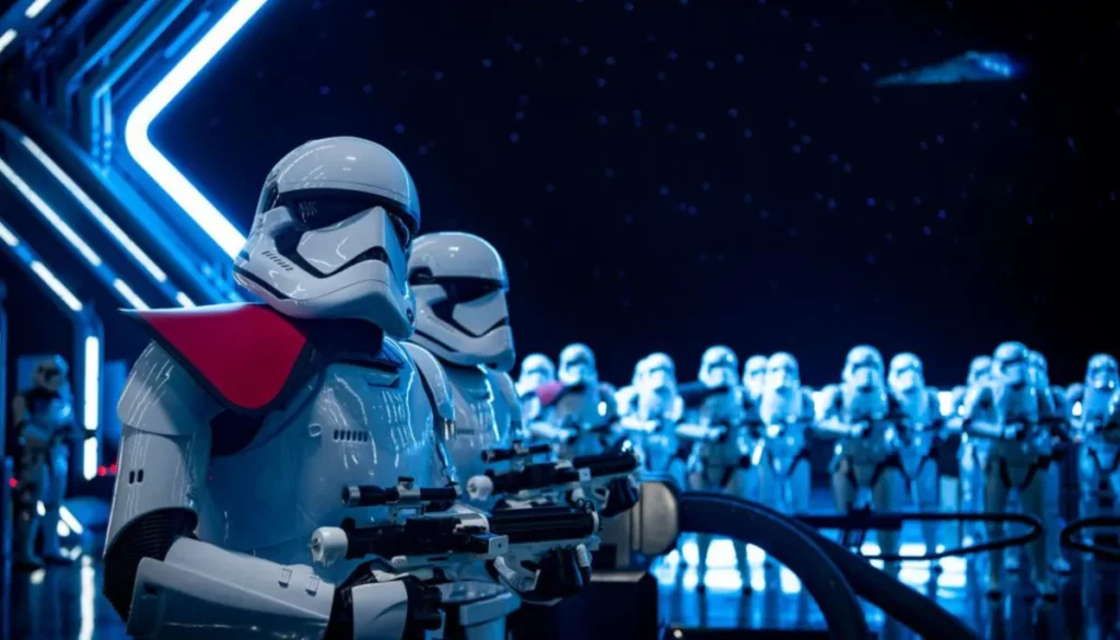 Stormtroopers da Primeira Ordem patrulhando Star Wars Galaxy's Edge em Orlando