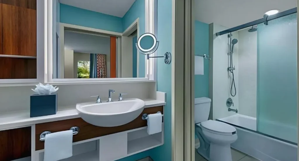 Banheiro moderno dos quartos reformados do Disney Pop Century Resort.