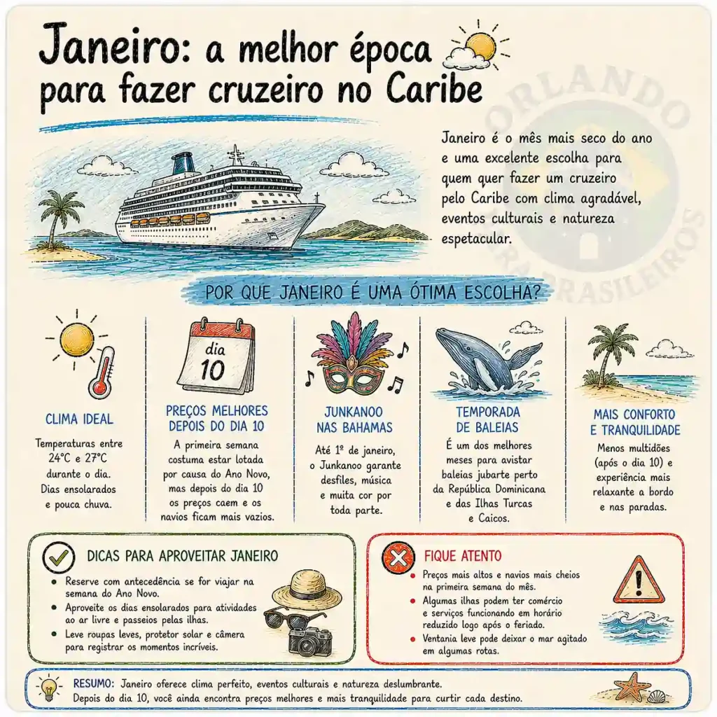 Janeiro é o mês mais seco do ano — preços caem após o dia 10, e é temporada de baleias e do Junkanoo nas Bahamas.