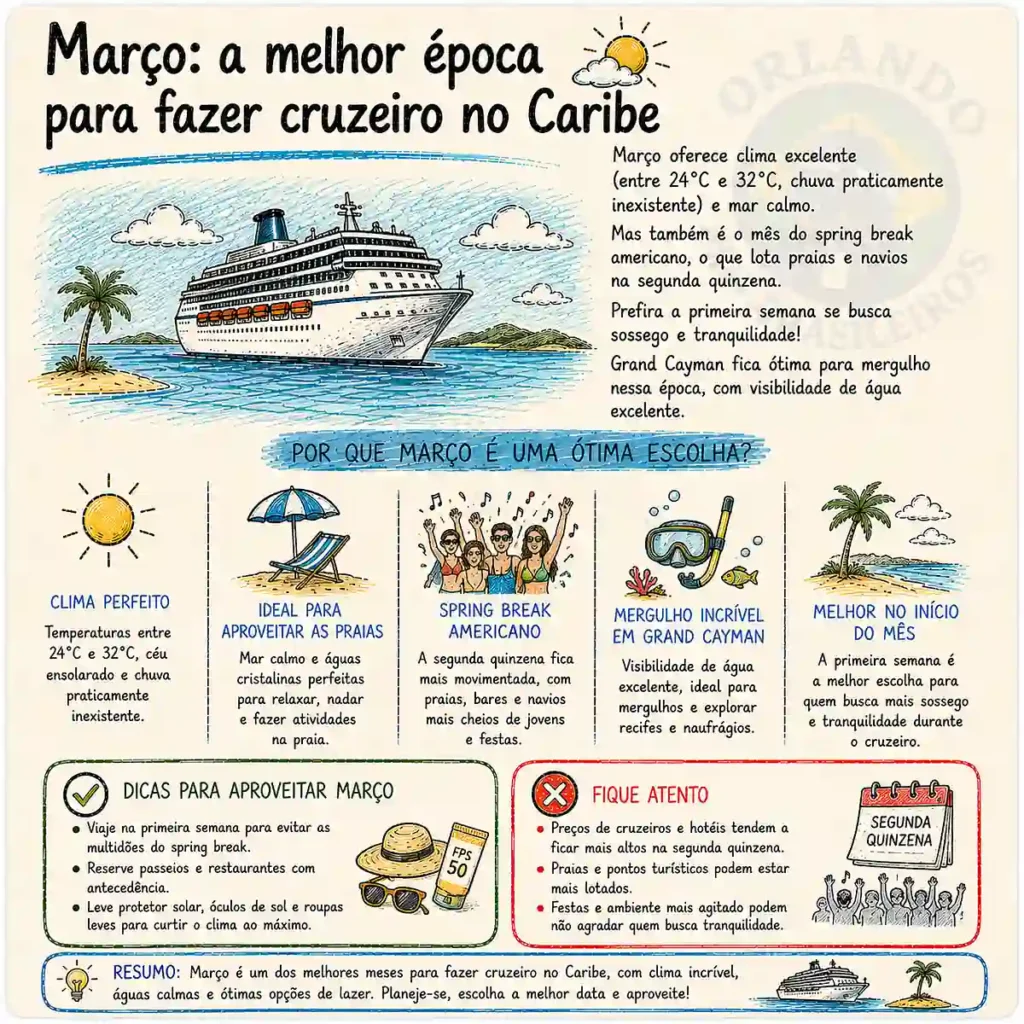 Março tem clima excelente, mas atenção ao spring break na 2ª quinzena — prefira a 1ª semana para mais sossego.