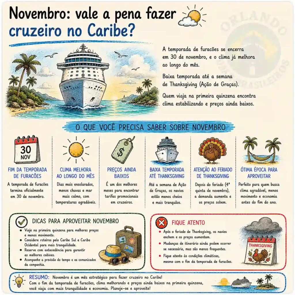 Novembro marca o fim da temporada de furacões (dia 30), com clima melhorando e preços ainda baixos.