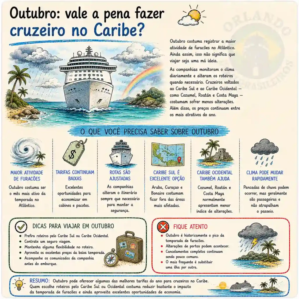 Outubro é o mês mais ativo de furacões, mas roteiros pelo Caribe Sul e Ocidental sofrem menos alterações.
